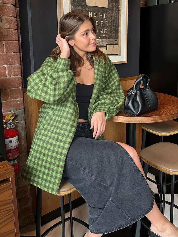 Oversized Green Plaid Lantern Sleeve Lapel Woolen Coat Autumn Winter Vintage Loose Long Overcoats Women Fashion Casual Street Ou