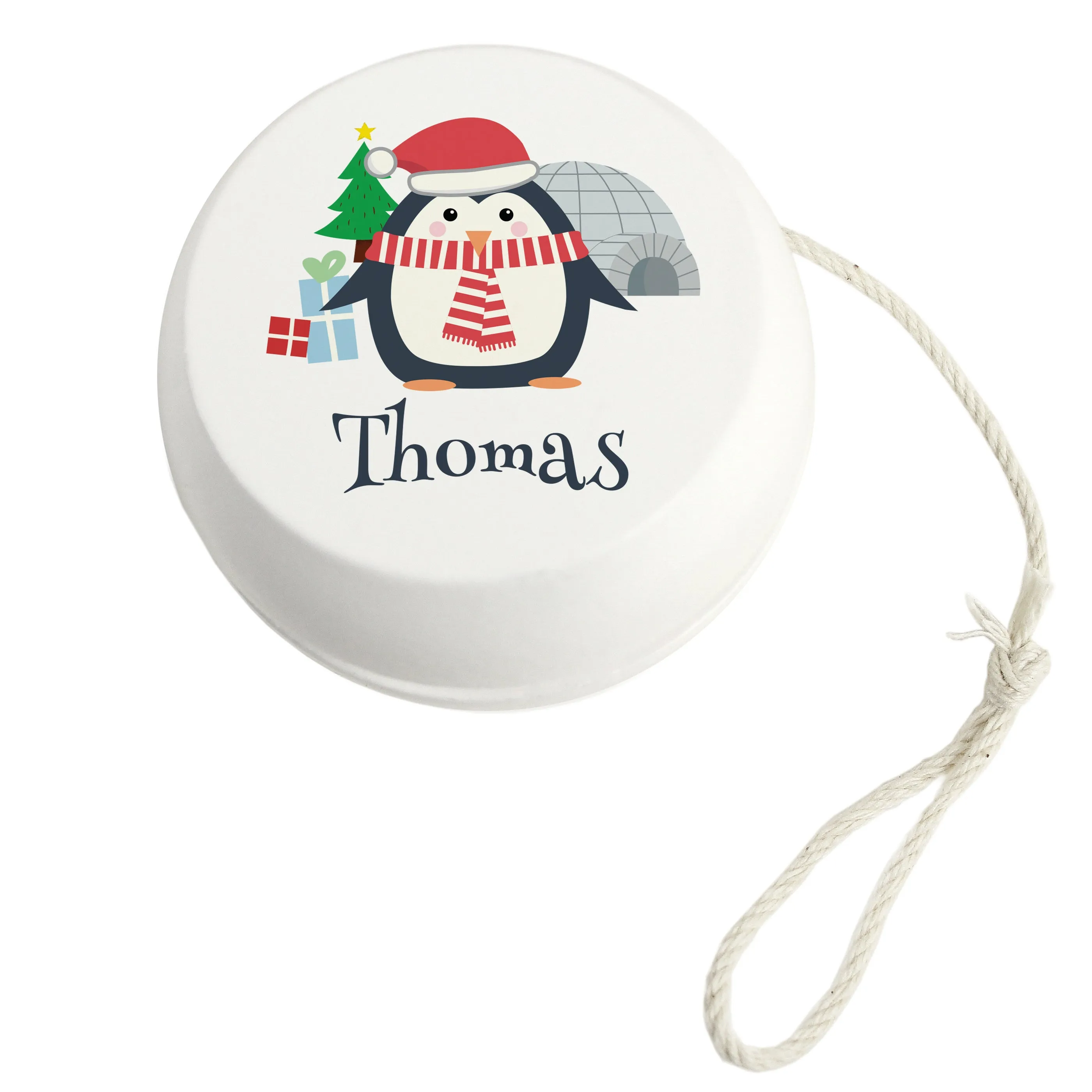 Personalised Christmas Penguin White Wooden Yoyo