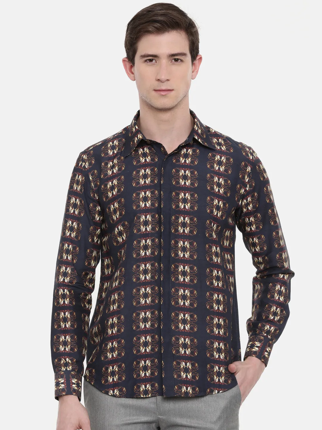 Printed Linen Brown Shirt - MM0731