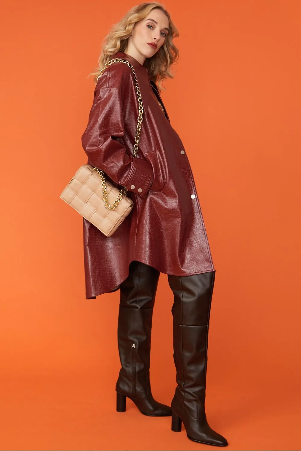 Red Oversized Faux Suede Leather Trench Coat with Exaggerated Collar