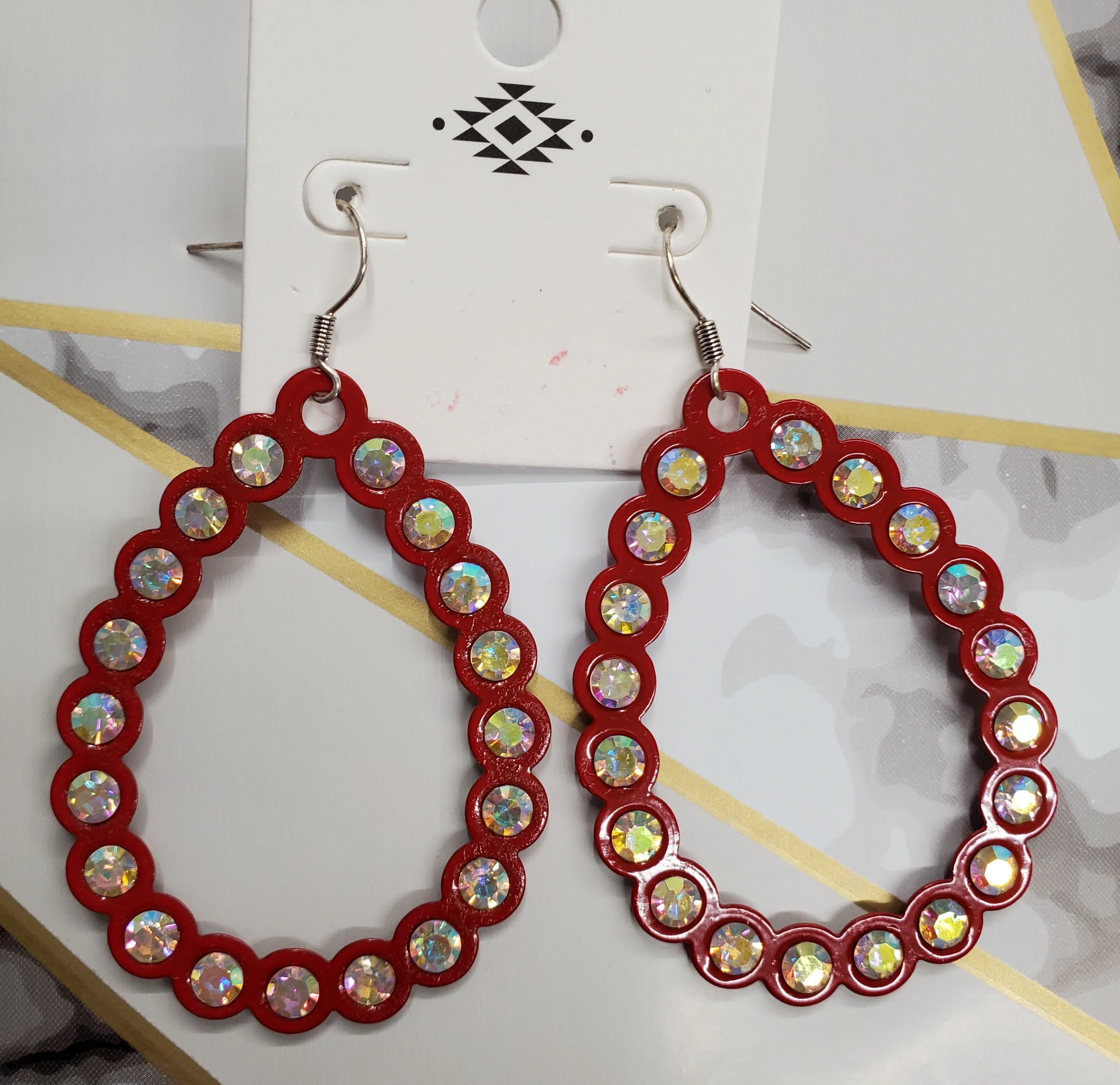 Red Teardrop Outline Earrings with Bling AB Rhinestones