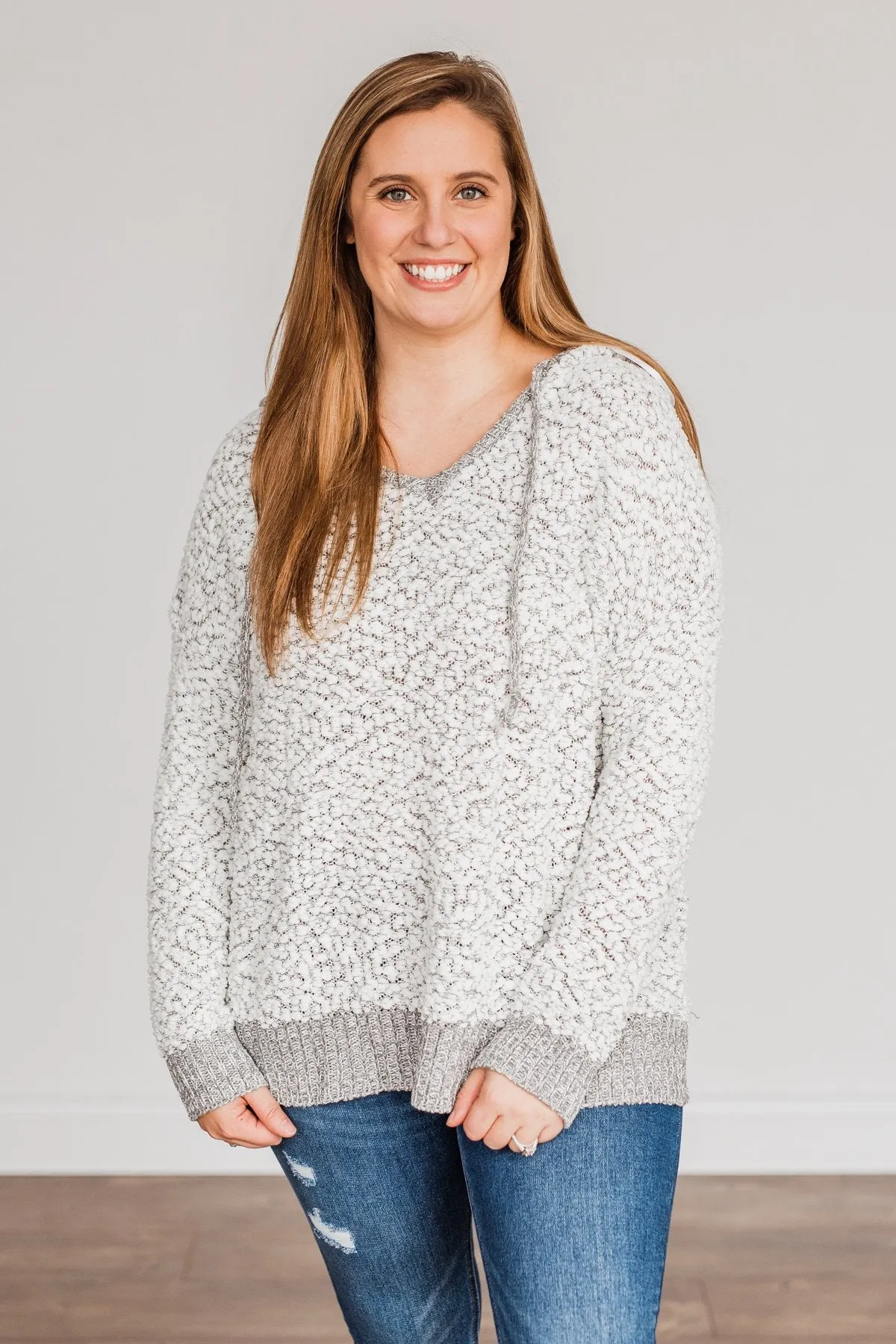 Snow Is Falling Hooded Sweater- Ivory & Grey