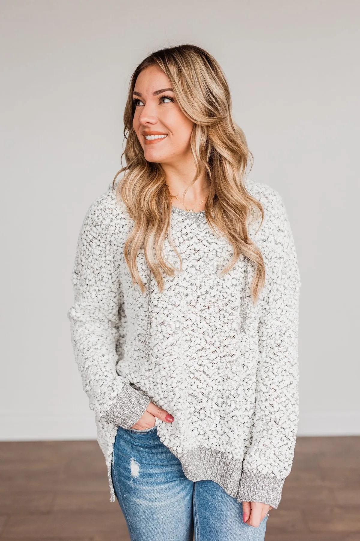 Snow Is Falling Hooded Sweater- Ivory & Grey