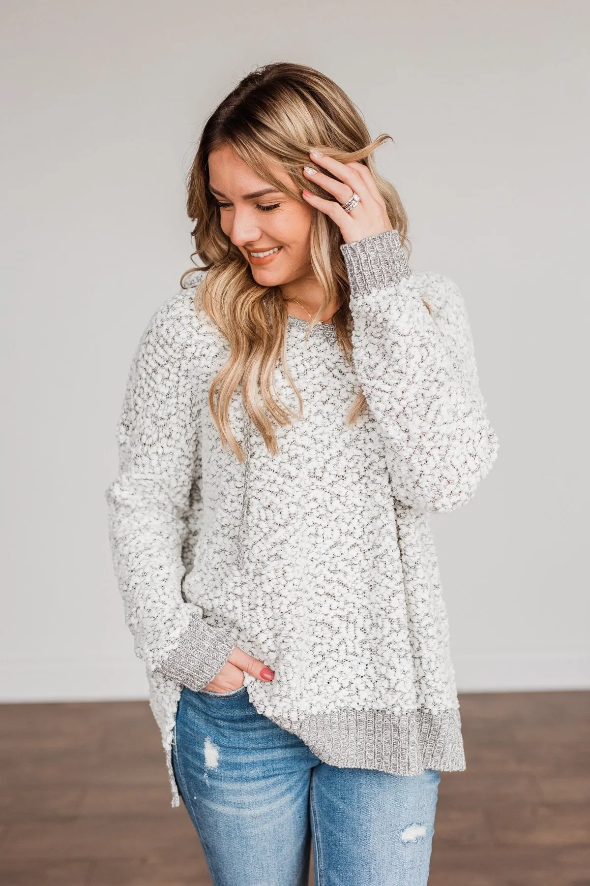 Snow Is Falling Hooded Sweater- Ivory & Grey