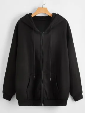 Solid Drawstring Zip Up Shoulder Hoodie