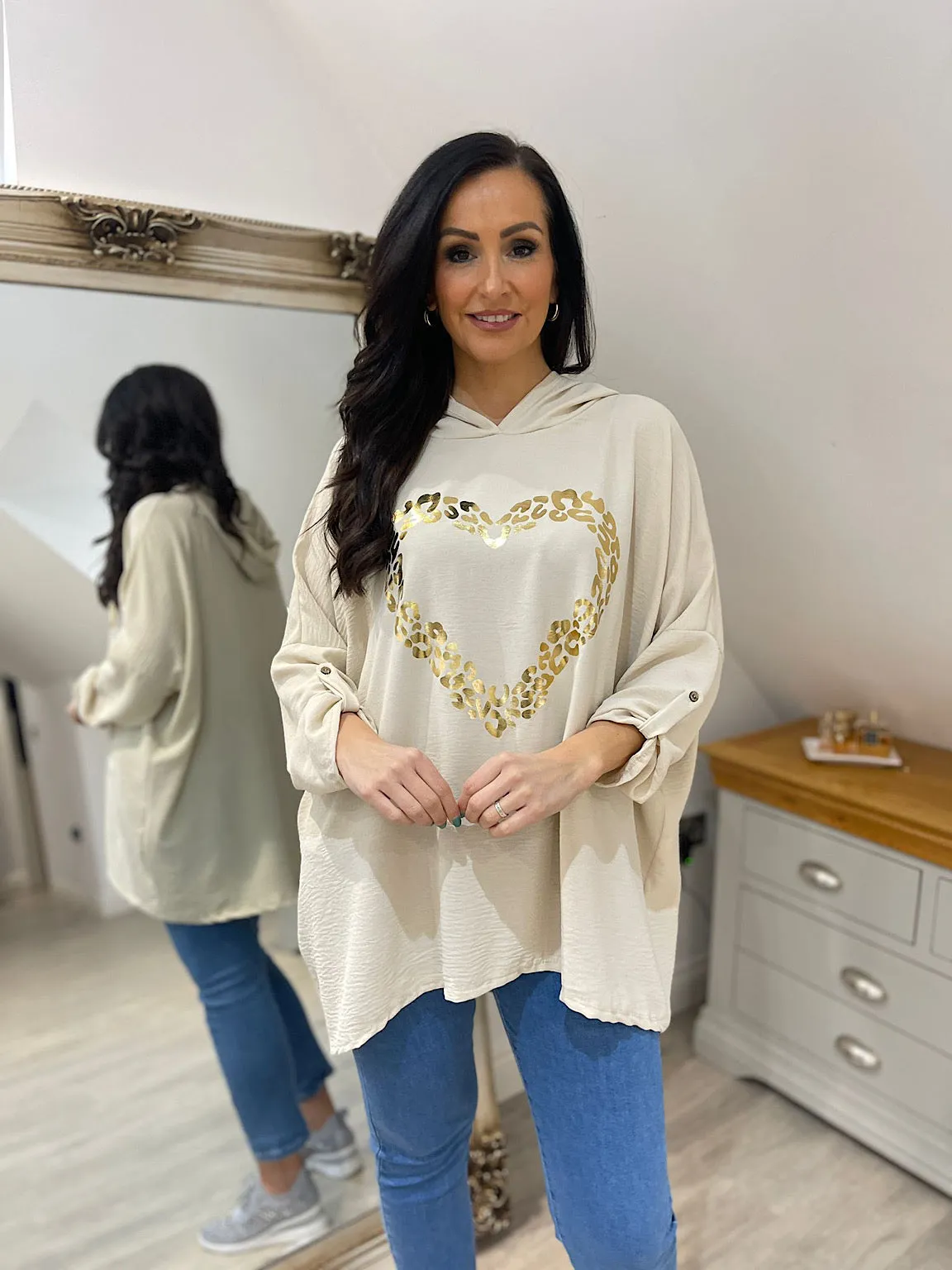 Stone Crepe Leopard Heart Hoodie Nina