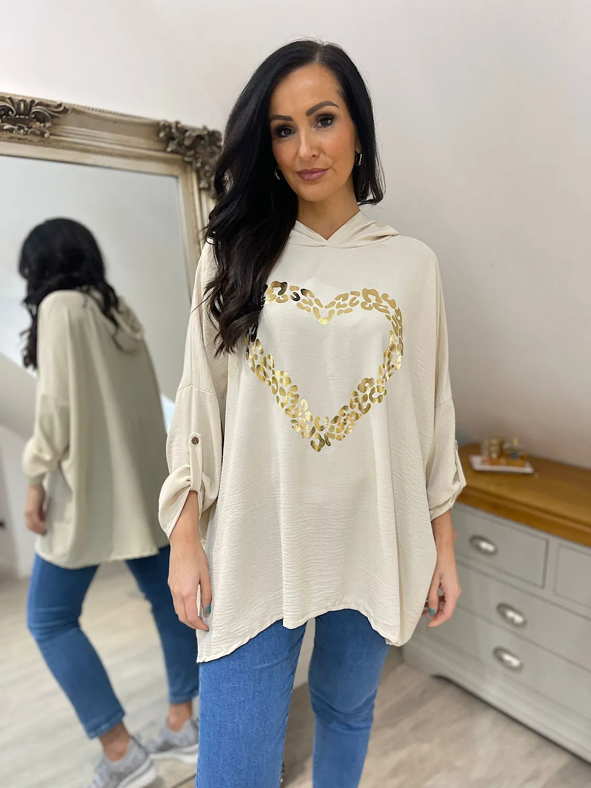 Stone Crepe Leopard Heart Hoodie Nina