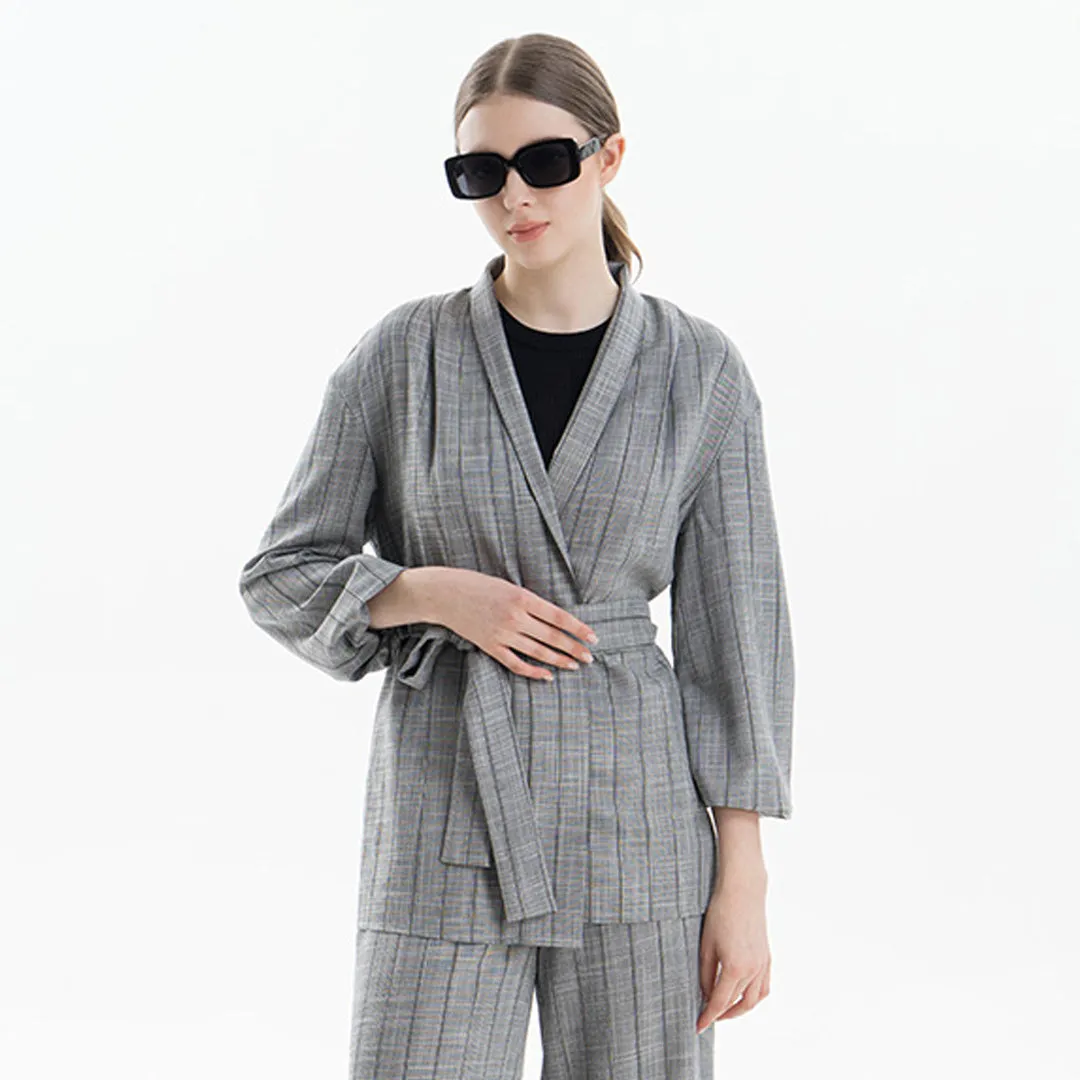 Striped Lantern Sleeves Open Jacket