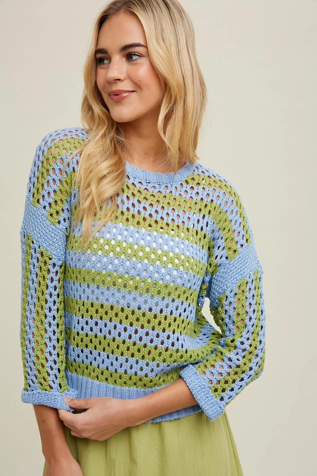 Striped Open Knit Sweater Blue