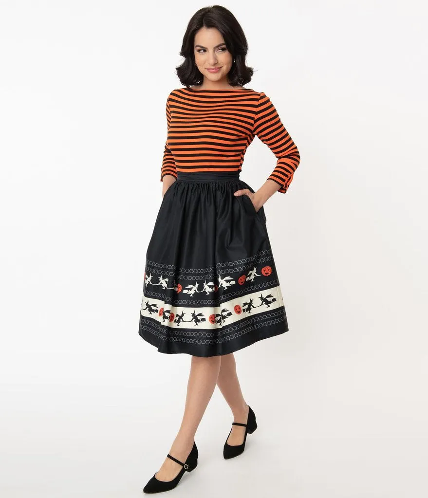 Unique Vintage Halloween Fair Isle Border High Waist Gellar Swing Skirt (L ONLY)