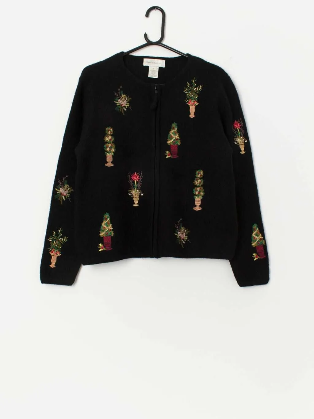 Vintage hand embroidered Christmas cardigan, boiled wool jacket – Medium