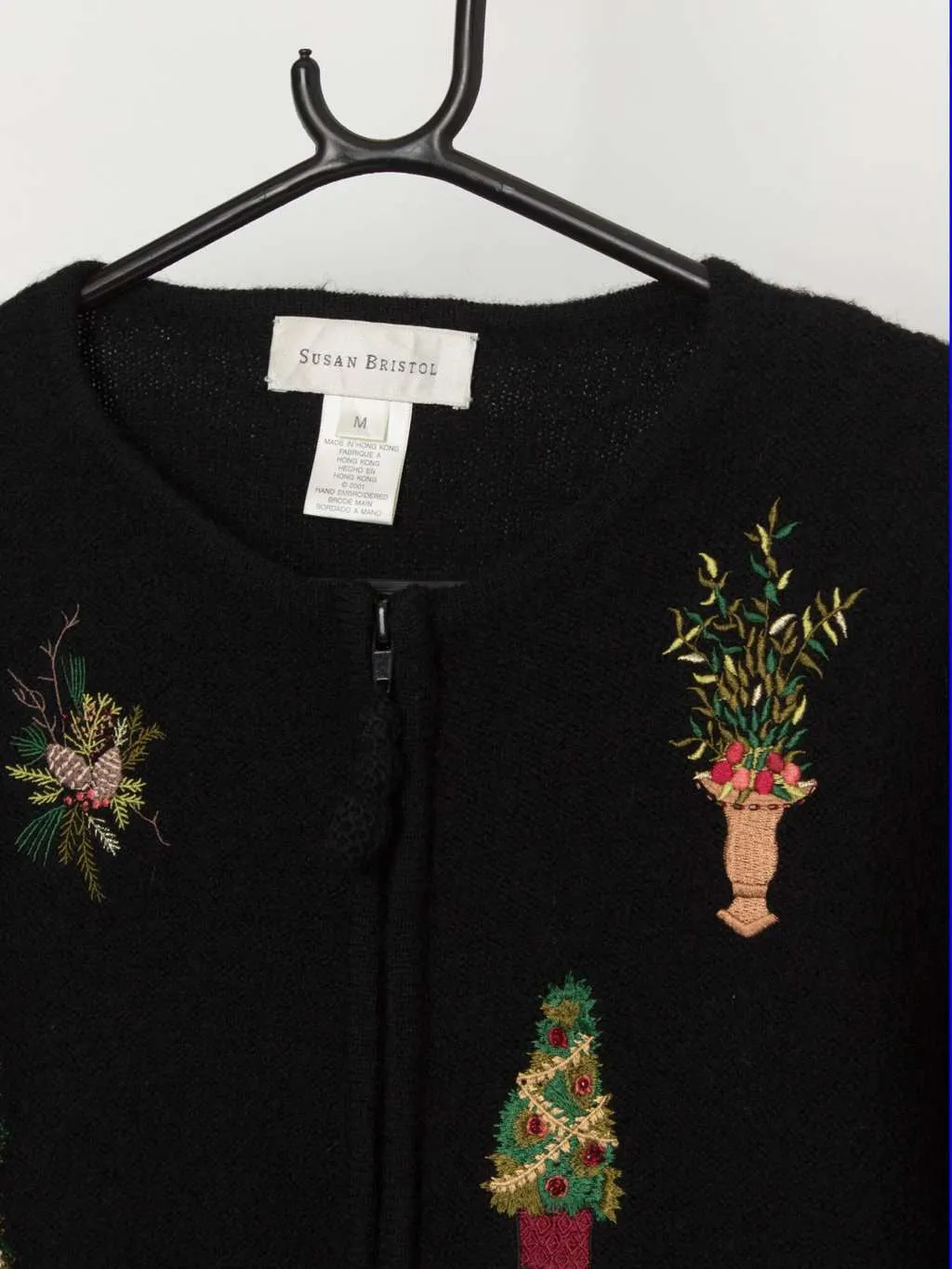 Vintage hand embroidered Christmas cardigan, boiled wool jacket – Medium