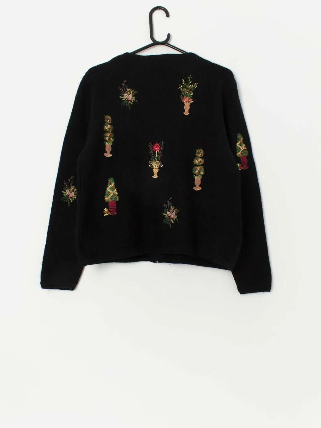 Vintage hand embroidered Christmas cardigan, boiled wool jacket – Medium