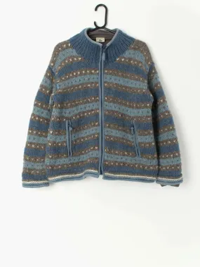 Vintage Pachamama zipped wool jacket in grey and blue stripes – Medium / Large