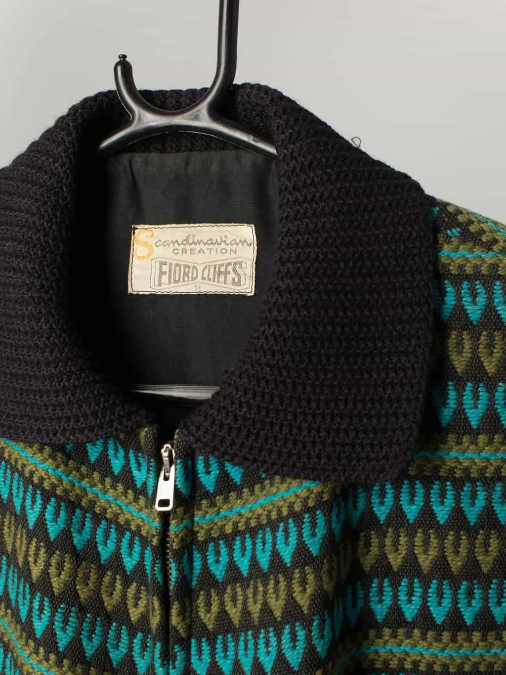 Vintage scandi wool jacket 1960s in knitted teal & black by Scandinavian Creations Fiord Cliffs – Medium / Large