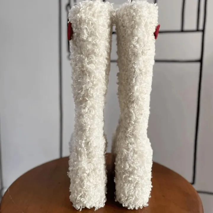 Women's Bow Knot Plush Platform Round Toe Knee High White Winter Boots