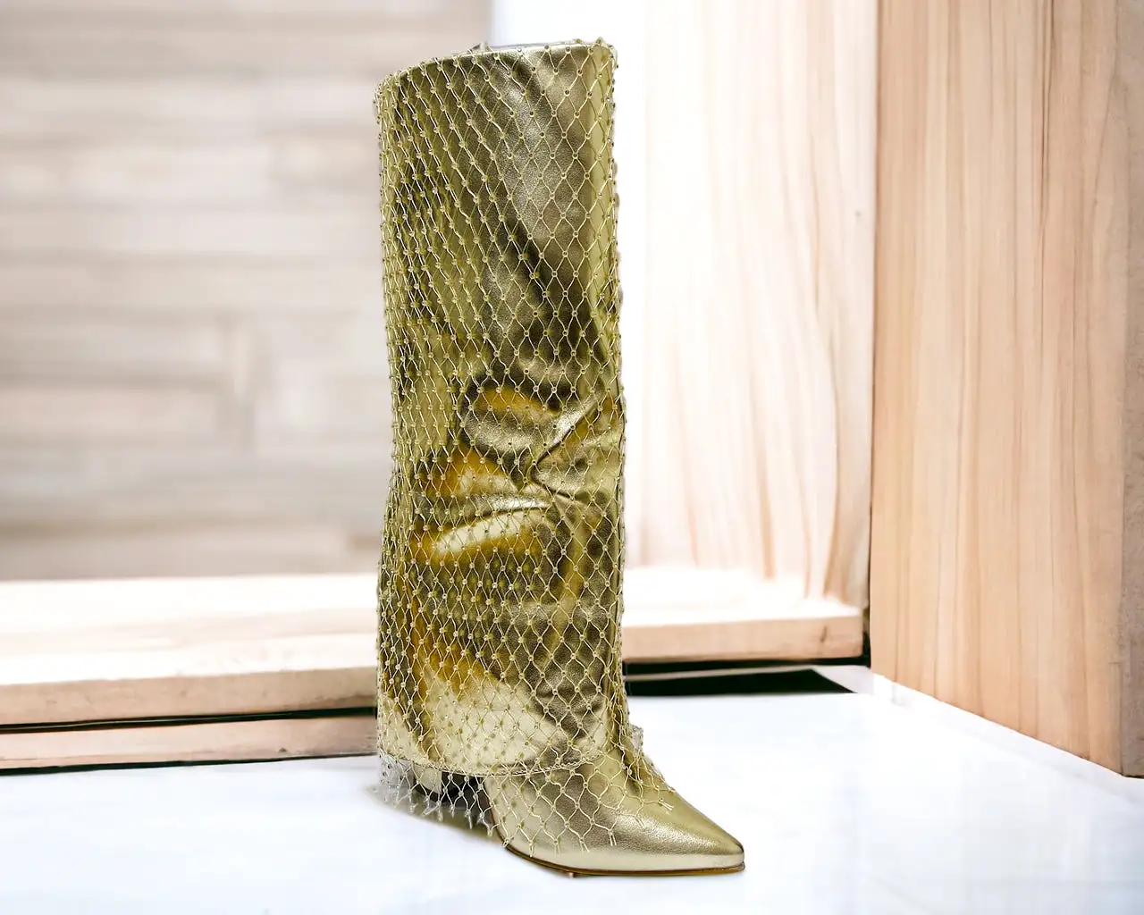 Women's Kneel High Fold Over Diamante Fishnet Block Heel Boots