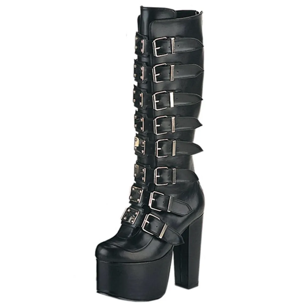 Women's Luxury Buckle Strap Spike Heel Mid-Calf Platform Gothic Boots