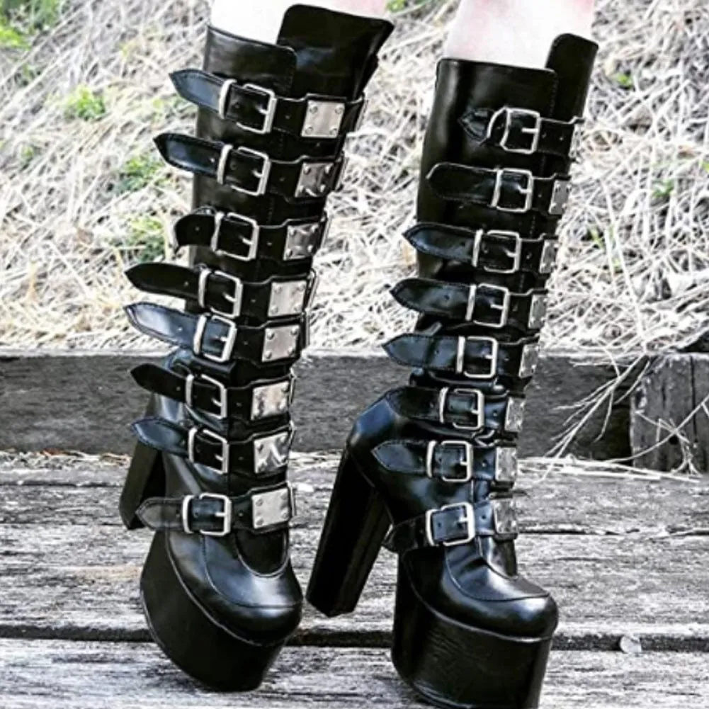 Women's Luxury Buckle Strap Spike Heel Mid-Calf Platform Gothic Boots