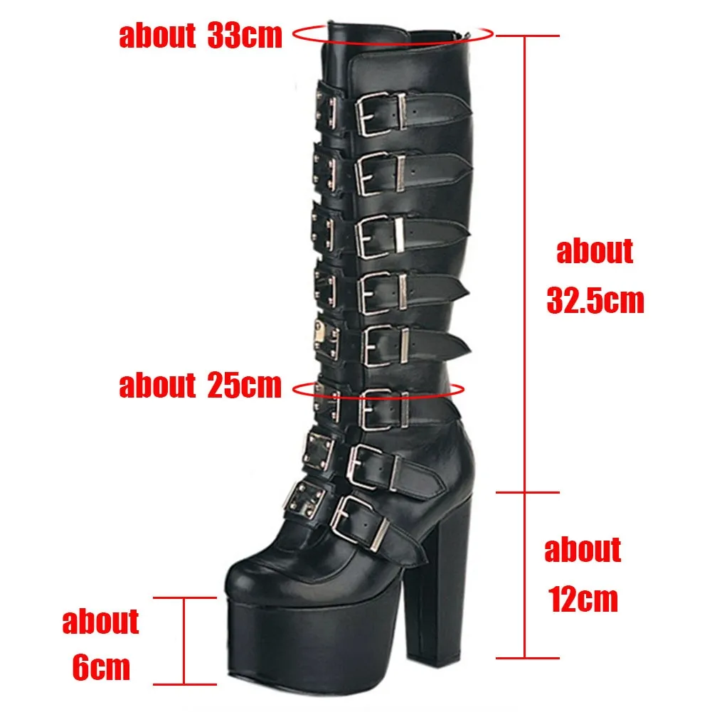 Women's Luxury Buckle Strap Spike Heel Mid-Calf Platform Gothic Boots