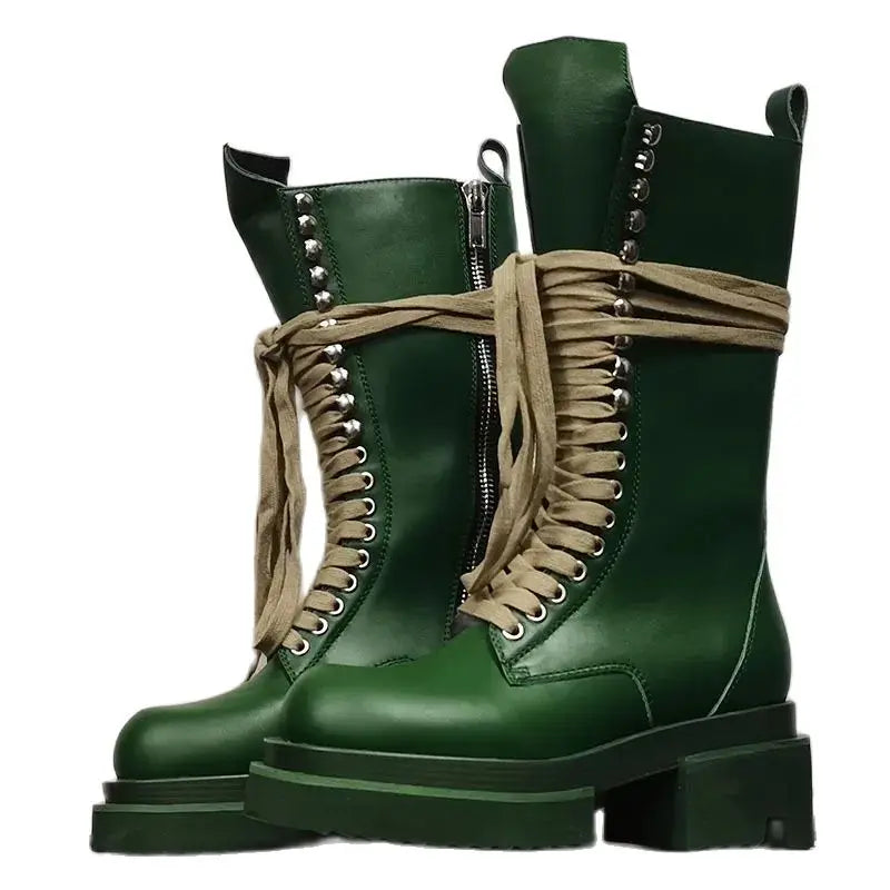 Women's Luxury Casual Genuine Leather High Top Zip Lace Up Boots