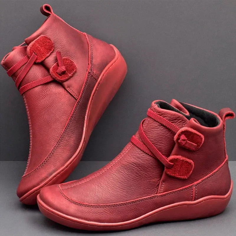 Women's Red Winter Fashion Genuine Leather Solid Pattern Snow Ankle Boots