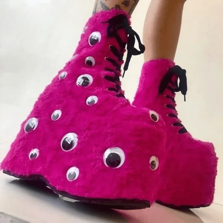 Women's Winter Plush Eyes Decor Round Toe Cross Tied Lace-up Ankle Boots